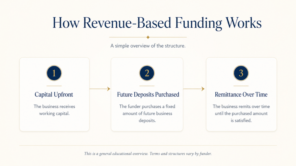 Infographic explaining how revenue-based funding works: capital upfront, future deposits purchased, and remittance over time.