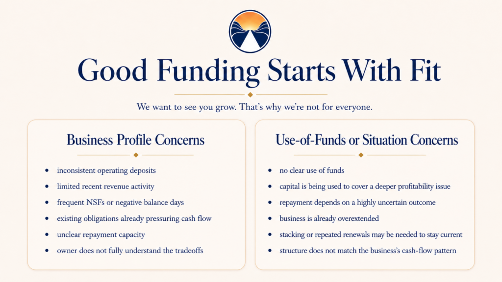 Funding fit concerns showing business profile issues and use-of-funds concerns